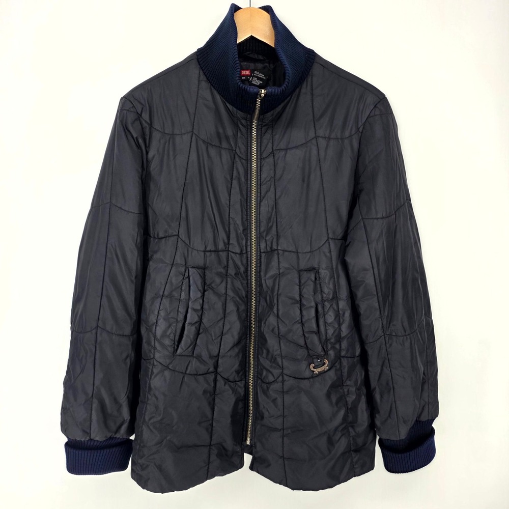 Diesel Quilted Jacket XL Black Spiderweb Stitch Full Zip Ribbed Collar RN93243